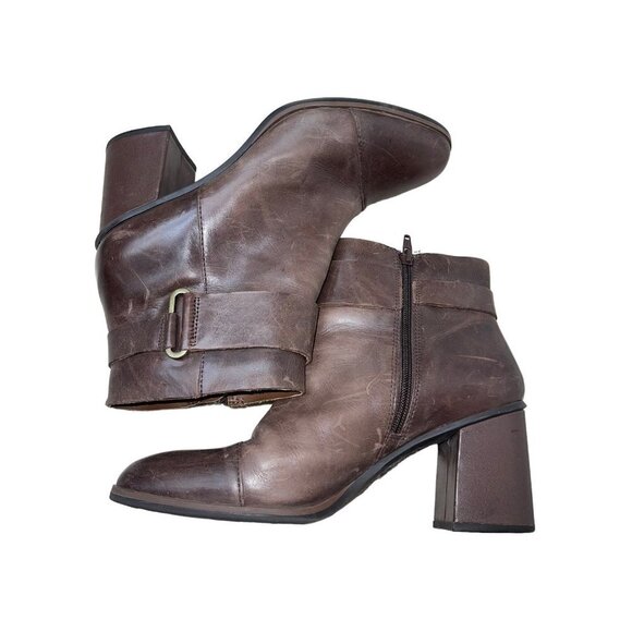 Korks Women's Hanska Booties in Dark Brown Leather Buckle Heeled Distressed 9.5 - Picture 5 of 11